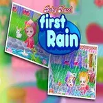 Dívka s krátkými vlasy drží bílého králíka vedle nápisu first Rain a dvou obrázků s dětmi v dešti