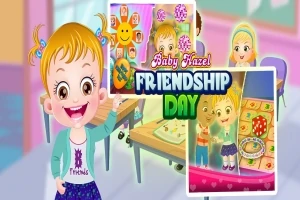 Malé dítě s radostným výrazem v herním prostředí, s nápisem Friendship Day v popředí