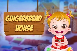 Malá holčička s blond vlasy a culíky sedí vedle nápisu Gingerbread House na dřevěné ceduli, v pozadí je rozmazané herní město