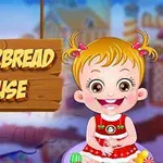 Malá holčička s blond vlasy a culíky sedí vedle nápisu Gingerbread House na dřevěné ceduli, v pozadí je rozmazané herní město
