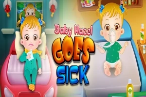 Malé dítě leží v posteli s vystrašeným výrazem a ve druhé části obrazu má obličejovou masku a kolem jsou léky, uprostřed text Baby Hazel Goes Sick