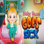 Malé dítě leží v posteli s vystrašeným výrazem a ve druhé části obrazu má obličejovou masku a kolem jsou léky, uprostřed text Baby Hazel Goes Sick