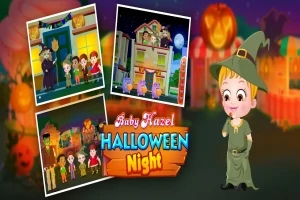 Dítě v kostýmu čarodějnice s obrázky dětí na halloweenské oslavě a nápisem Halloween Night na podzimním pozadí