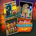 Dítě v kostýmu čarodějnice s obrázky dětí na halloweenské oslavě a nápisem Halloween Night na podzimním pozadí