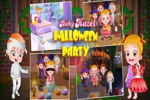 Děti v kostýmech na halloweenské párty s různými aktivitami v kolážovém stylu