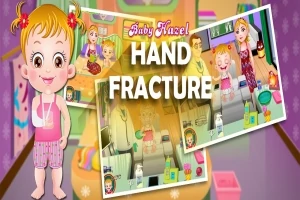 Usmívající se kreslená postavička holčičky s obvazem na ruce, dvě menší ilustrace scén z každodenního života v pozadí, a text Hand Fracture uprostřed