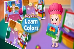 Usmívající se dítě v růžové čepici drží obrázek, obklopené barevnými prvky a kreslicí tabulí, s nápisem Learn Colors