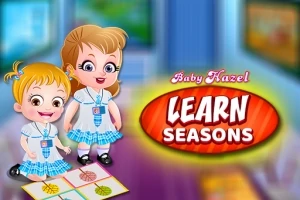 Dvě kreslené postavičky v modrobílých uniformách stojí v místnosti vedle cedule s nápisem Learn Seasons