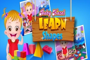 Roztomilá dívka v červeném oblečení s hračkami a dřevěným nápisem Learn Shapes na modrém pozadí