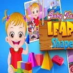 Roztomilá dívka v červeném oblečení s hračkami a dřevěným nápisem Learn Shapes na modrém pozadí