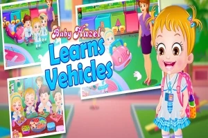 Dívka s blond vlasy v pruhovaných šatech před dvěma menšími obrázky s dětmi a autíčky, text Learns Vehicles