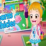 Dívka s blond vlasy v pruhovaných šatech před dvěma menšími obrázky s dětmi a autíčky, text Learns Vehicles
