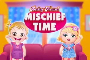 Dvě postavy dětí stojící před červenou pohovkou na barevném pozadí s nápisem Mischief Time