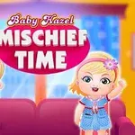 Dvě postavy dětí stojící před červenou pohovkou na barevném pozadí s nápisem Mischief Time