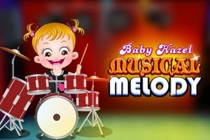 Holčička s bubnovou soupravou na barevném pozadí s nápisem Baby Hazel Musical Melody