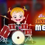 Holčička s bubnovou soupravou na barevném pozadí s nápisem Baby Hazel Musical Melody