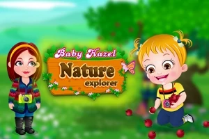 Dvě kreslené postavy na travnaté louce s ovocem a dřevěným nápisem Nature Explorer