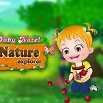 Dvě kreslené postavy na travnaté louce s ovocem a dřevěným nápisem Nature Explorer
