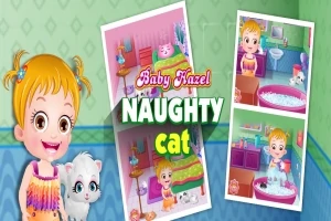 Dívka s kočkou a nápis Naughty Cat vedle tří obrázků s kočkou a dítětem v různých situacích