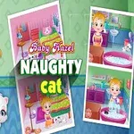 Dívka s kočkou a nápis Naughty Cat vedle tří obrázků s kočkou a dítětem v různých situacích