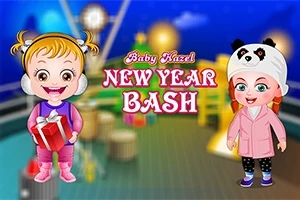 Dvě kreslené děti v zimním oblečení s nápisem New Year Bash na pozadí rozostřeného prostředí s barevnými světly