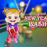 Dvě kreslené děti v zimním oblečení s nápisem New Year Bash na pozadí rozostřeného prostředí s barevnými světly