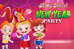 Tři kreslené děti slaví s balonky a bubnem na Nový rok na barevném pozadí s nápisem