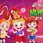 Tři kreslené děti slaví s balonky a bubnem na Nový rok na barevném pozadí s nápisem