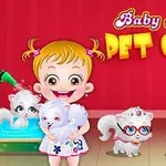 Dívka drží chlupaté bílé štěně, s dalšími zvířaty, jako je pes s brýlemi, kočka v čepici a papoušek vedle fialové boudy, na červeném pozadí