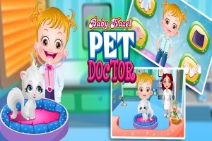Dětská postava a pes v modrém pokoji s textem Pet Doctor