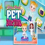 Dětská postava a pes v modrém pokoji s textem Pet Doctor