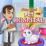 Dítě a doktor v kreslené nemocniční místnosti se zvířátkem v posteli
