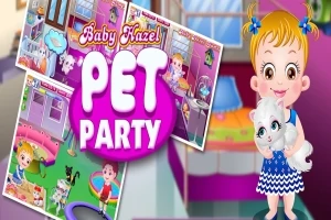 Holčička držící bílou kočku se usmívá na žlutém pozadí s fialovým nápisem „PET PARTY“ a obrázky místnosti v růžových odstínech