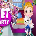 Holčička držící bílou kočku se usmívá na žlutém pozadí s fialovým nápisem „PET PARTY“ a obrázky místnosti v růžových odstínech