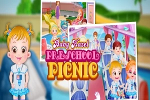 Roztomilá postavička v modré školní uniformě a dva obrázky pozadí dětí ve školce s textem „Preschool Picnic“