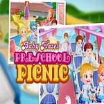 Roztomilá postavička v modré školní uniformě a dva obrázky pozadí dětí ve školce s textem „Preschool Picnic“
