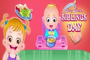 Dvě děti na růžovém pozadí, jedno s lízátkem v ústech a druhé sedící v dětské židličce s jídlem, s nápisem „Siblings Day“ vpravo