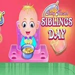 Dvě děti na růžovém pozadí, jedno s lízátkem v ústech a druhé sedící v dětské židličce s jídlem, s nápisem „Siblings Day“ vpravo