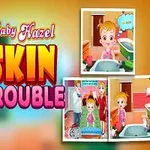 Dívka se žlutými vlasy stojící před nápisem Skin Trouble s obrázky denních aktivit