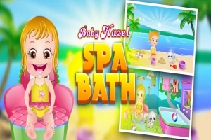 Usmívající se dítě sedící na růžovém křesle, obklopené grafickým nápisem Spa Bath a dvěma obrázky s plážovou a koupelnovou scénou