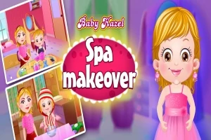 Dítě s blond vlasy v růžových šatech na fialovém pozadí s nápisem Spa Makeover a dvěma menšími obrázky lázeňských aktivit