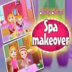 Dítě s blond vlasy v růžových šatech na fialovém pozadí s nápisem Spa Makeover a dvěma menšími obrázky lázeňských aktivit