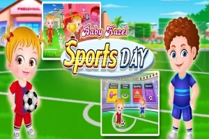 Děti ve sportovních úborech držící míč na zeleném hřišti s nápisem Sports Day uprostřed