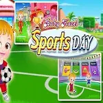 Děti ve sportovních úborech držící míč na zeleném hřišti s nápisem Sports Day uprostřed