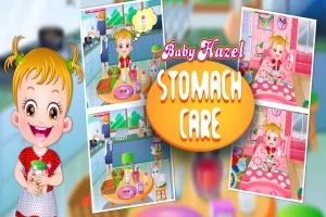Dívka s blond vlasy držící nápoj, s obrázky z kuchyně a ložnice v pozadí, a nápisem Stomach Care