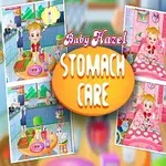 Dívka s blond vlasy držící nápoj, s obrázky z kuchyně a ložnice v pozadí, a nápisem Stomach Care