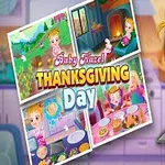 Malé dítě s blond vlasy drží tác s pečivem v kuchyni, vedle je koláž obrázků s nápisem Thanksgiving Day