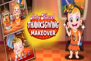 Dítě v oranžových šatech a čelenkou stojí v pastelově vyzdobené místnosti s textem Thanksgiving Makeover