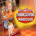 Dítě v oranžových šatech a čelenkou stojí v pastelově vyzdobené místnosti s textem Thanksgiving Makeover