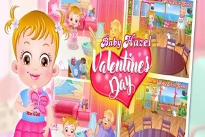 Dítě s blond vlasy v růžových šatech drží srdce, vedle ní je text Valentines Day na růžovém pozadí s kreslenými výjevy pokoje v pozadí